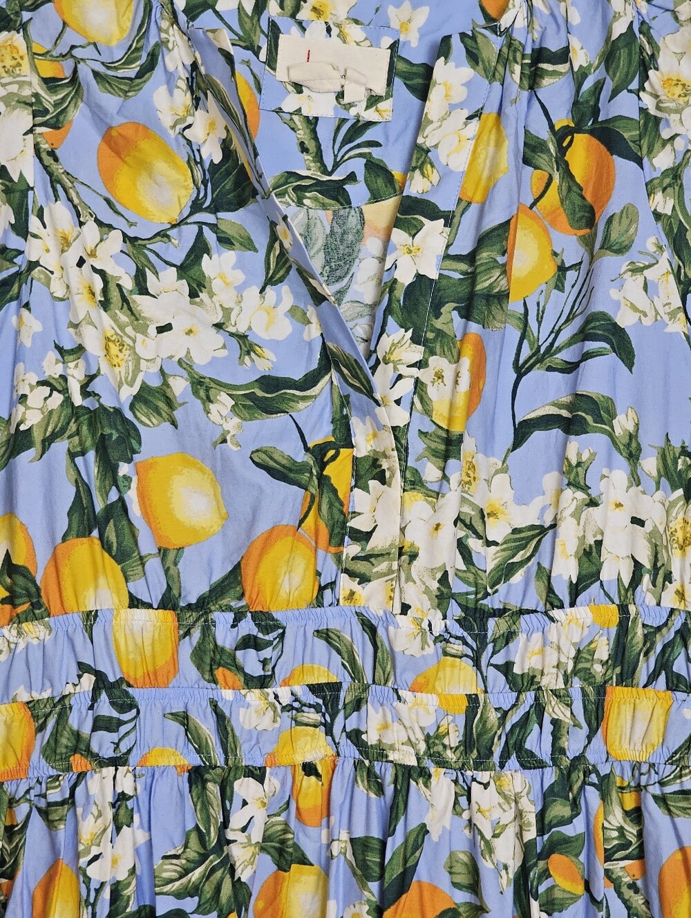 Anthropologie Somerset Blue Tiered Lemon Maxi Dress Size Large Pockets Smocked - Picture 10 of 11